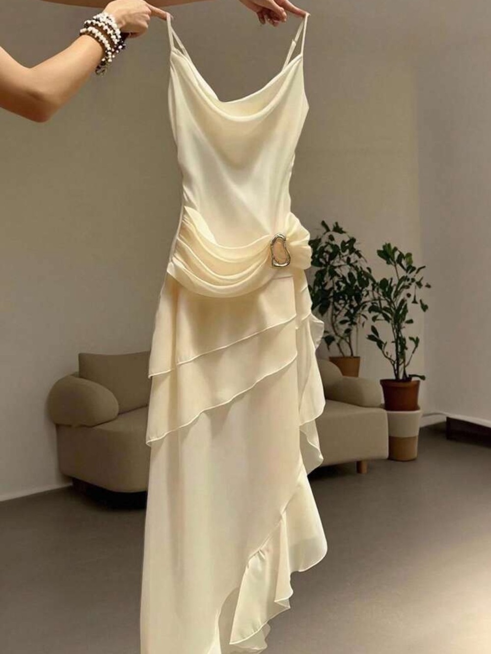 Ovelo Apricot Ruffle Maxi Dress | Cowl Neck Chiffon Slip Dress | Summer Dress